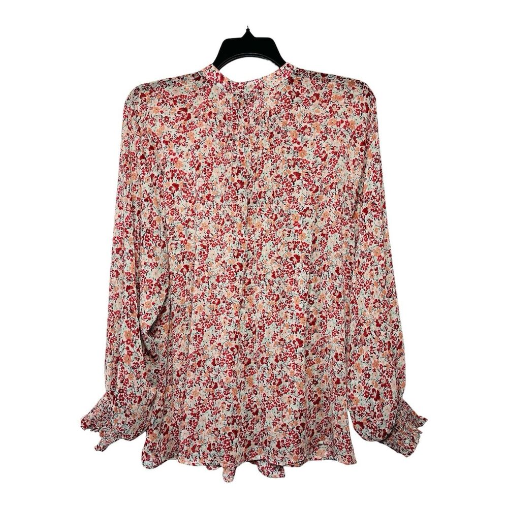 Torrid Floral Sheer Blouse 3X Red Button Up Long Sleeve Gold Stripe Boho Top - Picture 2 of 11